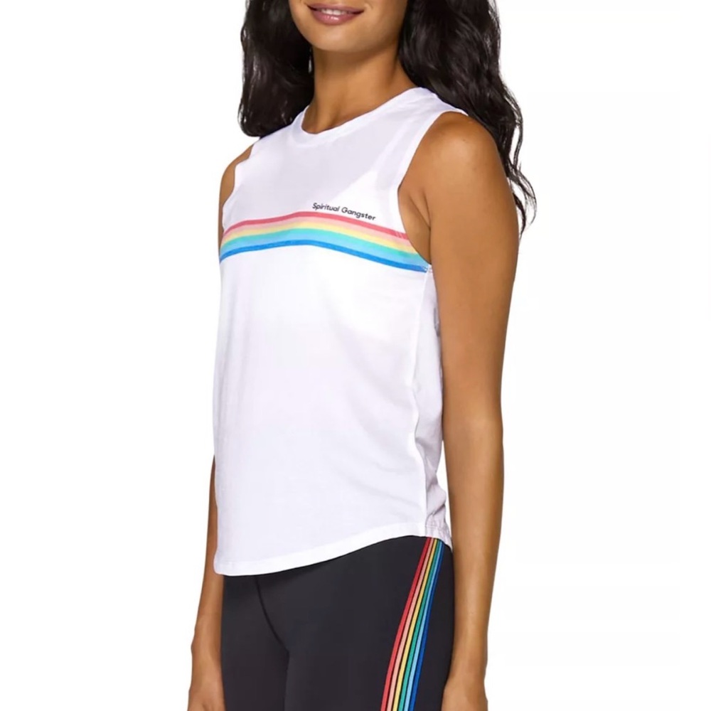 Spiritual Gangster White Rainbow Stripe Athleisure Tank Top Size Small